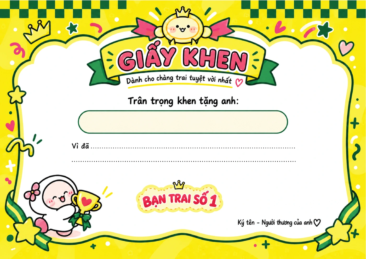 Mặt giấy khen để viết lời nhắn
