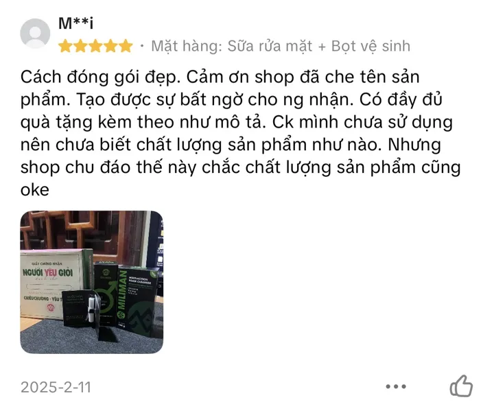 Đánh giá 5 sao: đóng gói đẹp, che tên sản phẩm, tạo bất ngờ